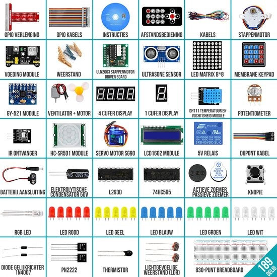 Strex Starter Kit geeignet für Raspberry Pi - 189 Teile - Pi3 & Pi4 - GPIO / Fernsteuerung / Motor / LCD Display / Relais / Tastatur / Bewegungssensor und mehr! - DVD mit Handbüchern - In Plastik-Aufbewahrungsbox