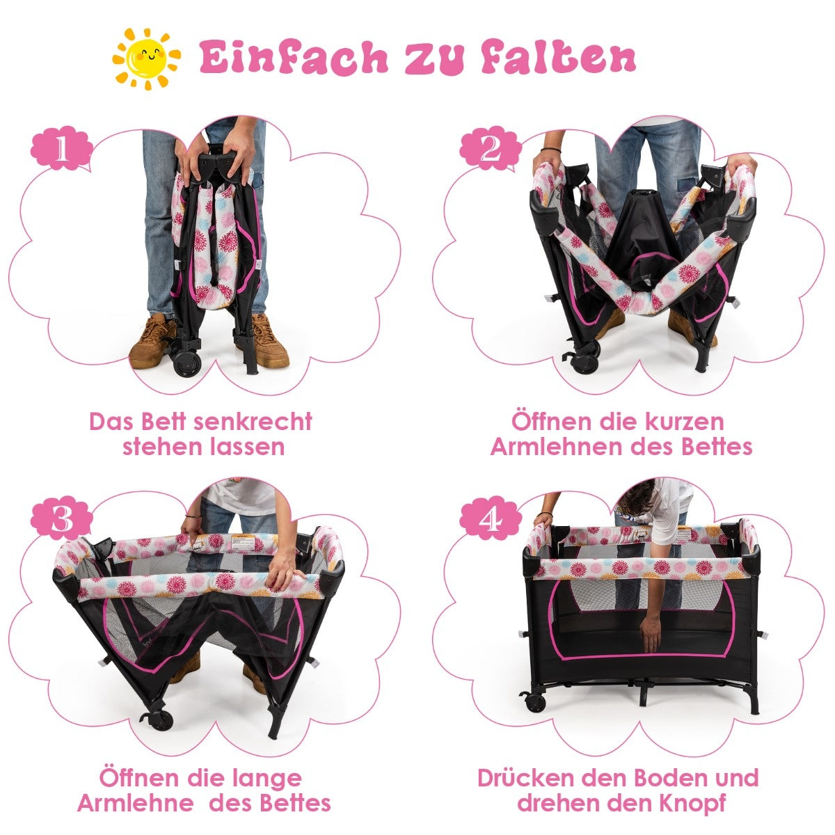 Coast Babybett 4 in 1 klappbares Reisebett und Beistellbett & Kommentar und Laufstall schwarz+rosa