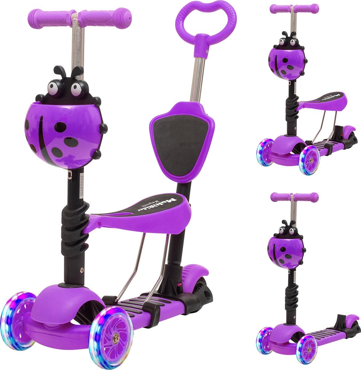 LifeGoods MultiRider - Kinderroller mit Schiebestange - 3 -8 Jahre - Jungen/Mädchen - 3 leuchtende Räder - Lila