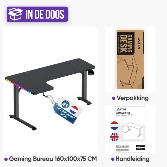 Avalo - Gaming Desk & L-Shaped Corner Desk - 160x100x75 cm - Mit RGB-LED-Beleuchtung - Becherhalter & Headset-Haken - Edelstahl & ABS - Schwarz