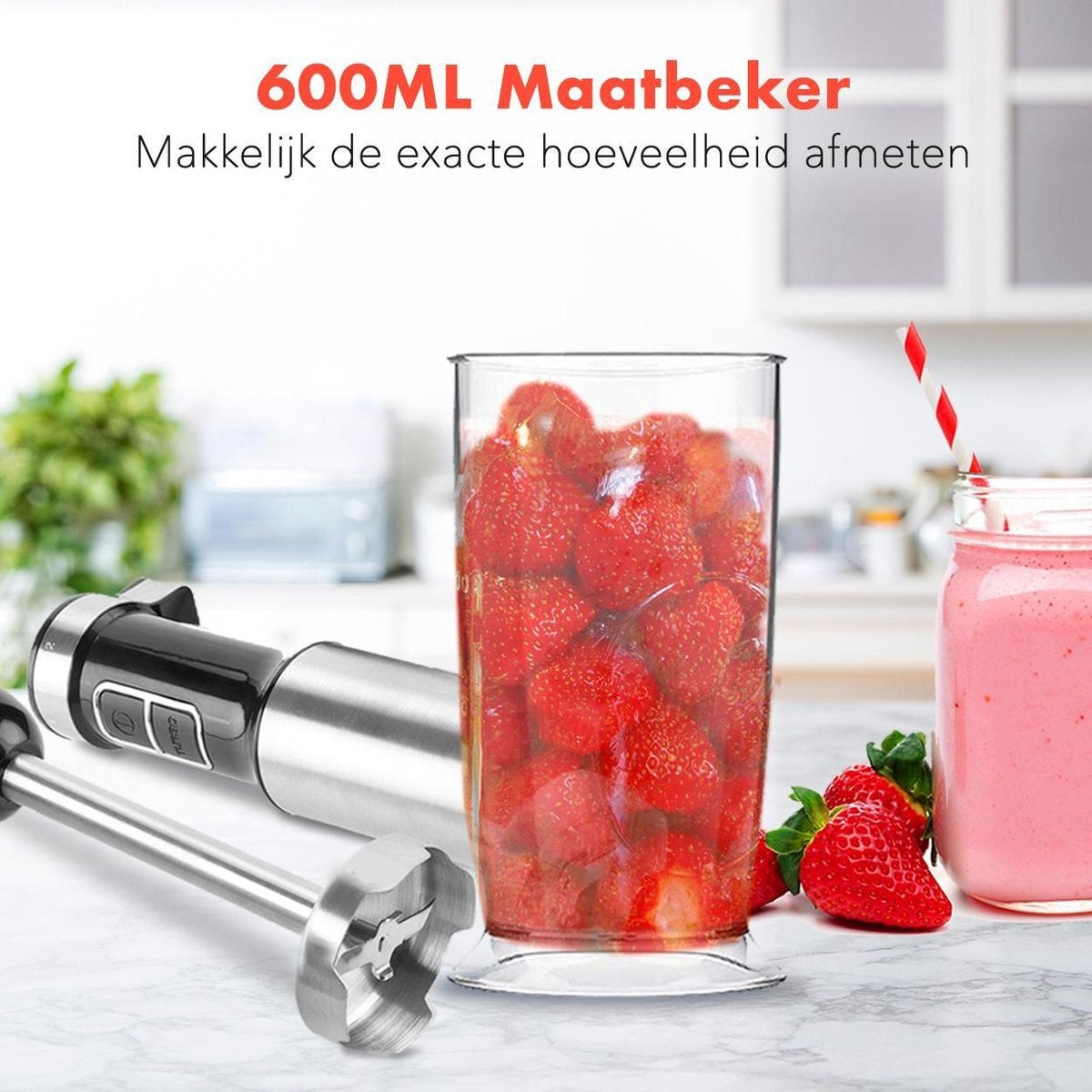 KitchenBrothers Stabmixer-Set - Zerkleinerer - Mixer 4-in1 - 800W - 600ML - Edelstahl