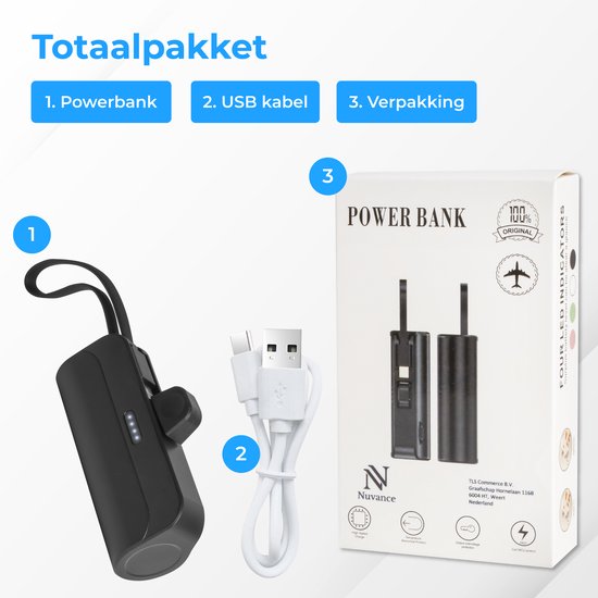Nuvance - Mini Powerbank 4500 mAh - Powerbanks USB C - Externe Akku Powerbank - Kleine & kompakte Powerbank - für Smartphone & Tablet - Geeignet für Lightning - Schnellladegerät - Taschenmodell