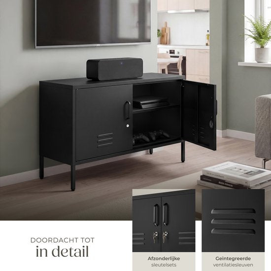 tectake® Stahl-Sideboard – TV-Möbel – 100 x 42,5 x 65 cm – Kommode – Verstellbare Einlegeböden – 2 Türen mit Magnetverschluss – Lowboard – Metallschrank – Schwarz
