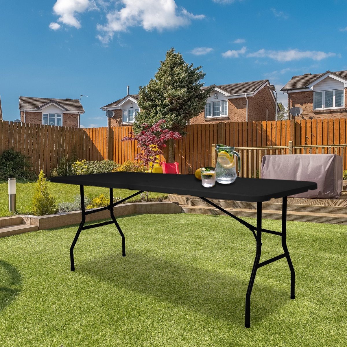 LifeGoods Zusammenklappbarer Tisch - 70x180cm - Verstellbarer und stabiler Klapptisch - Wetterfest - Outdoor-Klapptisch - Schwarz