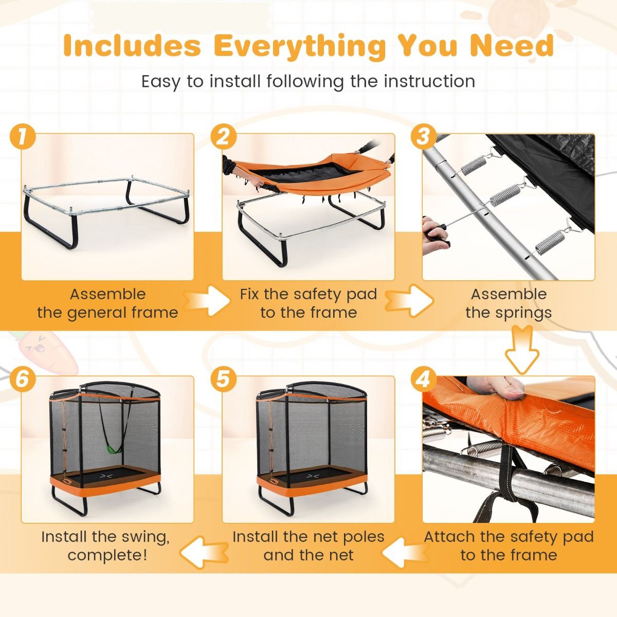 Coast 2-in-1 Kindertrampolin mit Schaukel und Sicherheitsnetz - Schwarz/Orange - 190x122 cm