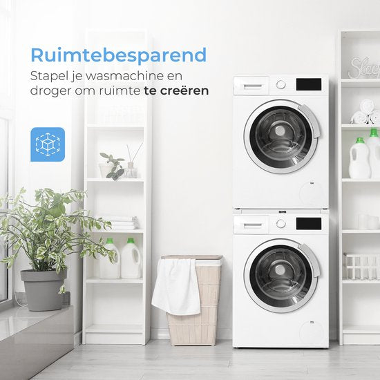 Skoov Abstandshalter für Waschmaschine & Trockner - Stapelset - Mit ausziehbarem Fachboden - Universal - Trockner - Möbel - inkl. Schwingungsdämpfer und Spannband