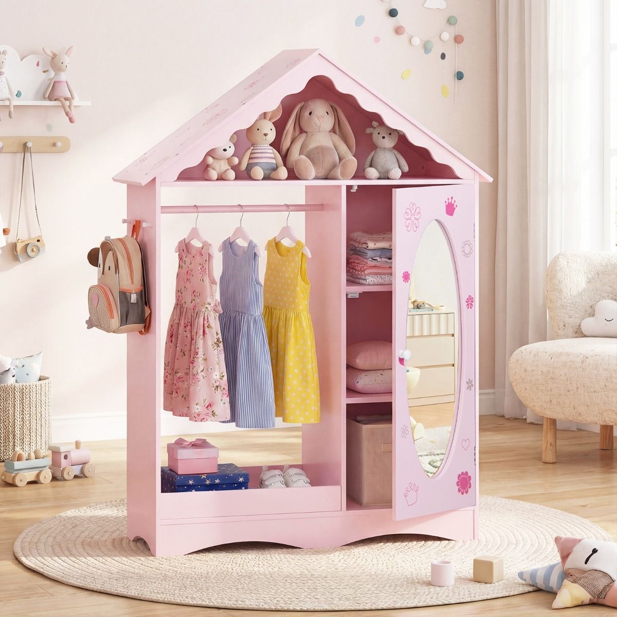 Coast Kinderkleiderschrank mit Spiegel – Dachförmiges Design mit Kleiderstange, Regalböden und Haken – 85,5 x 30 x 121 cm – Rosa