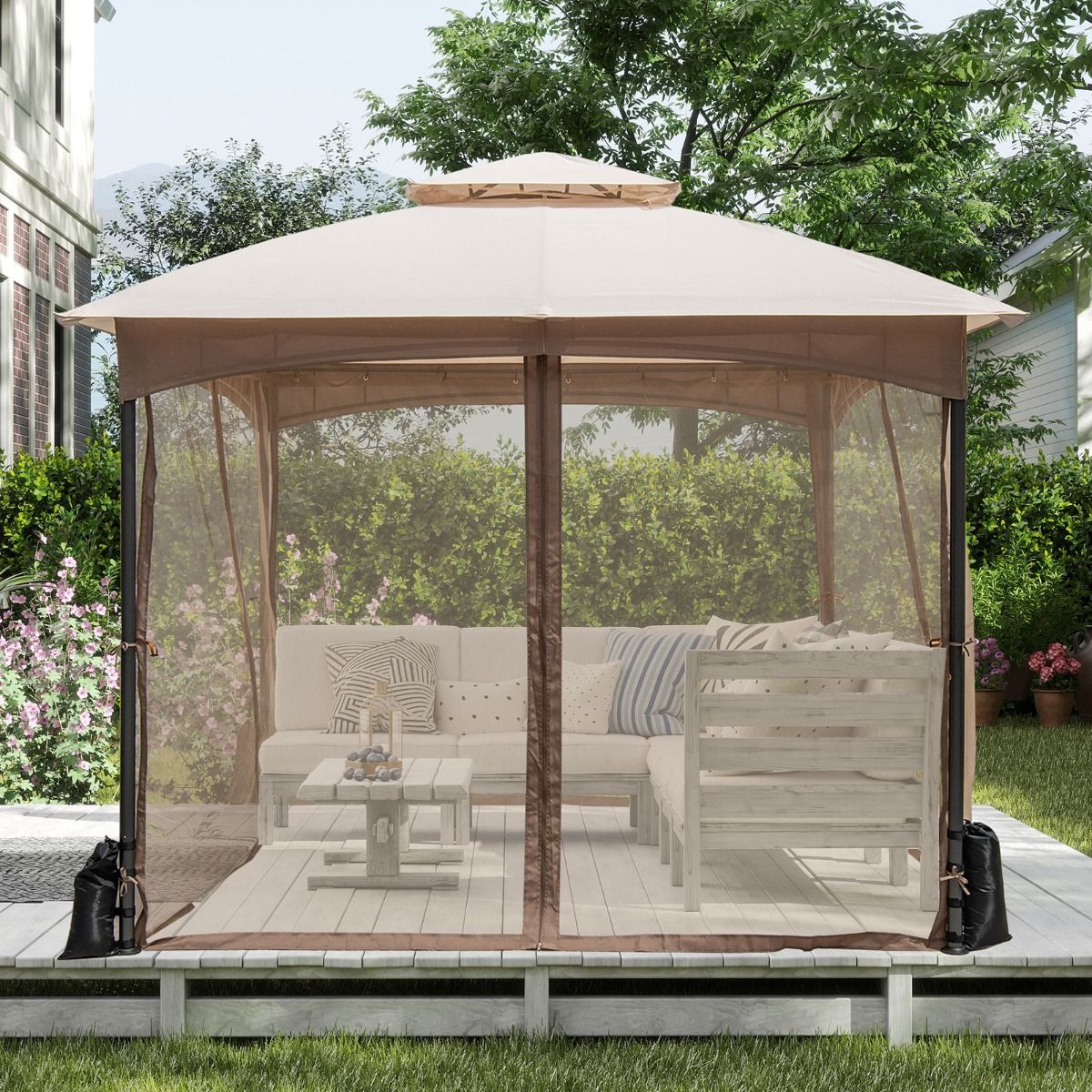 Coast Gartenpavillon – Doppeldach – Moskitonetz und Sandsäcke – Khaki 3 x 3 m