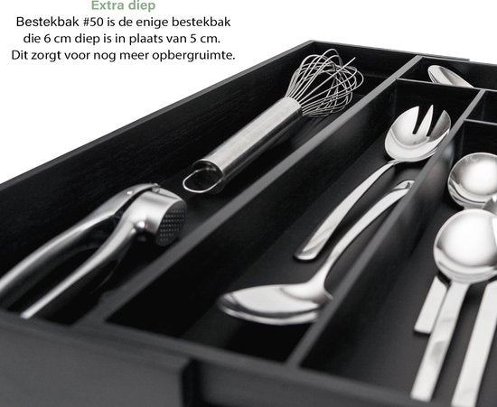 Budu Extendable Bamboo Cutlery Tray #50 (50 cm tief) - Schwarz - Besteckkassette Holz - Besteckschublade - 50 x 34.1 - 56 cm - 6/8 Fächer