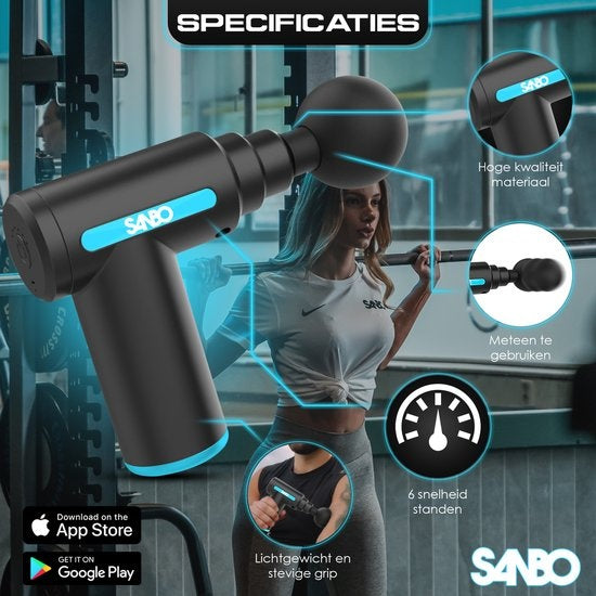 Sanbo Massage Gun Mini - Sport- und Entspannungsmassagegerät - Leistungsstark - Kabellos - Inklusive Koffer - Mit 5 Aufsätzen - Schwarz/Blau - Massage Gun Professional