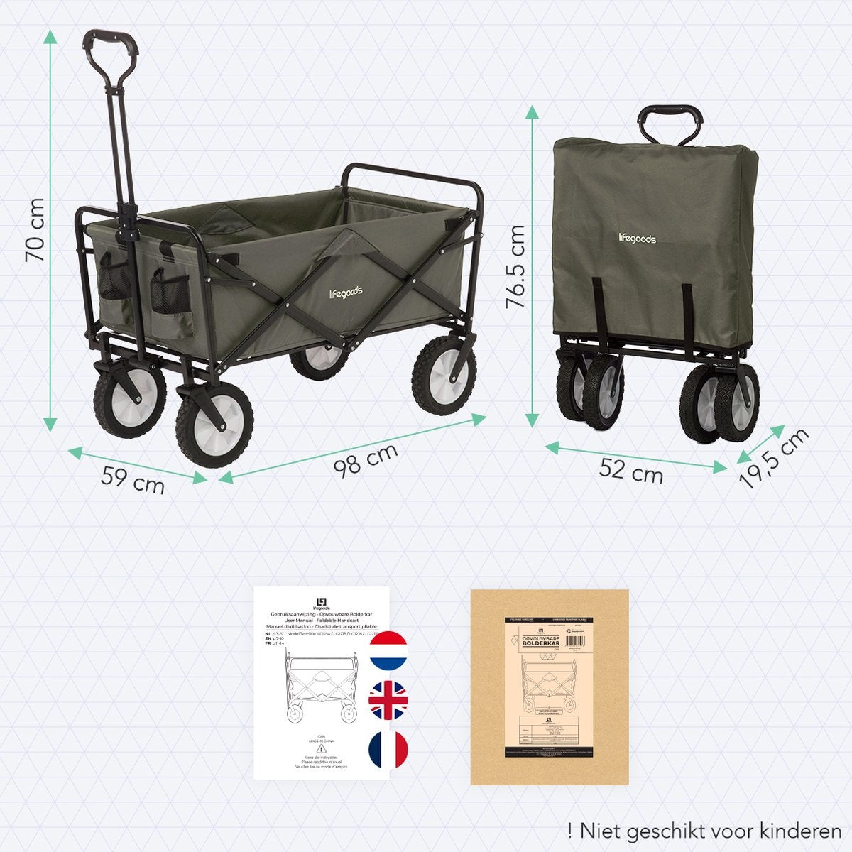 LifeGoods Wagon - faltbar - drehbare Räder - 2 Ständer - 70KG Tragfähigkeit - Grün
