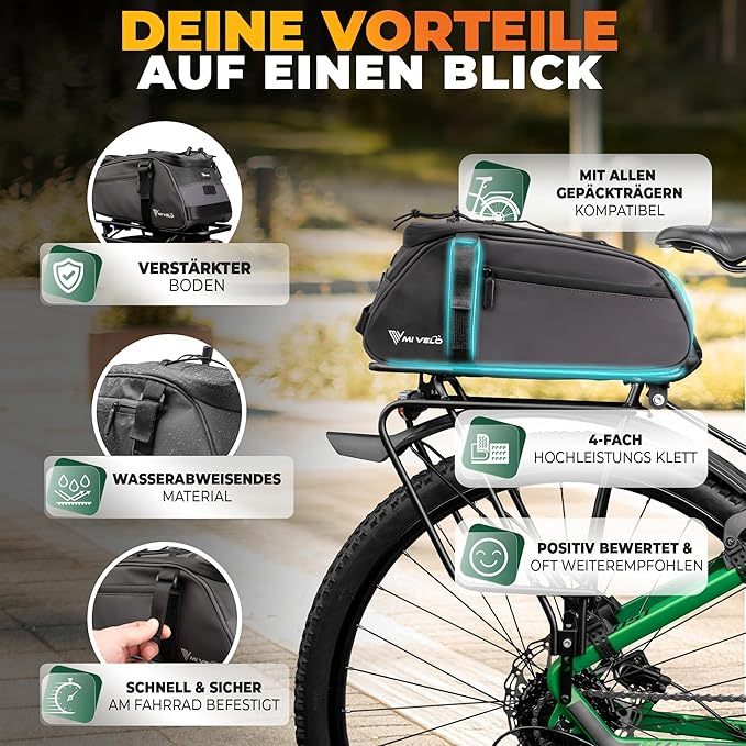 MIVELO Fahrradtasche - Wasserdicht & reflektierend - 9 Liter - Dunkelgrau