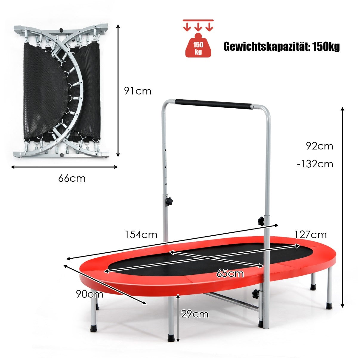 Coast Doppeltrampolin faltbar Fitness-Trampolin mit verstellbarem Handlauf 154 x 90 x 92 -132 cm rot