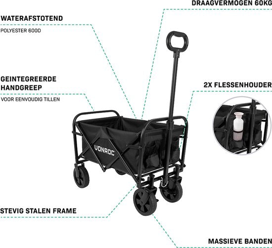 VONROC Bolderkar - Kompaktes Modell - Zusammenklappbar - 60 kg Tragkraft - 50l Fassungsvermögen - Solide Anti-Leck-Räder - Stabiler Stahlrahmen - Polyester 600D - Schwarz