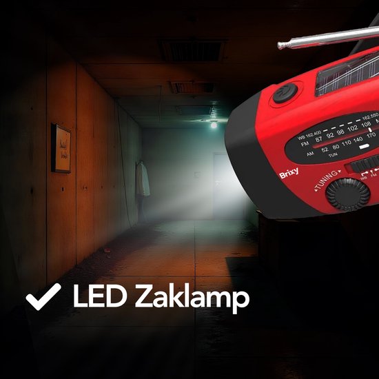 Brixy Emergency Radio - Radio mit Batterie für Notfälle - Aufziehbar - Solar - Taschenlampe - Powerbank - Rot