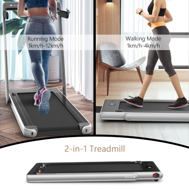2-in-1 faltbares elektrisches Laufband - Silber - mit Bluetooth-Lautsprecher, doppelter LED-Anzeige und 40x100 cm Lauffläche