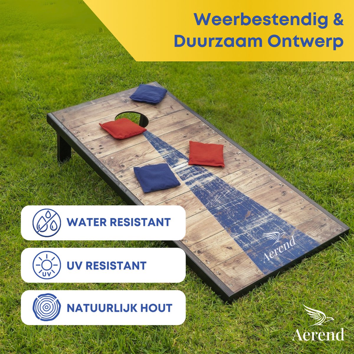 Aerend Cornhole-Set Spielbrett – 91 x 61 cm, inklusive 8 wetterfester Bean Bags und Tragetasche – wetterfestes MDF – rustikales Barnwood-Design – für Garten, Strand und Familienfeiern