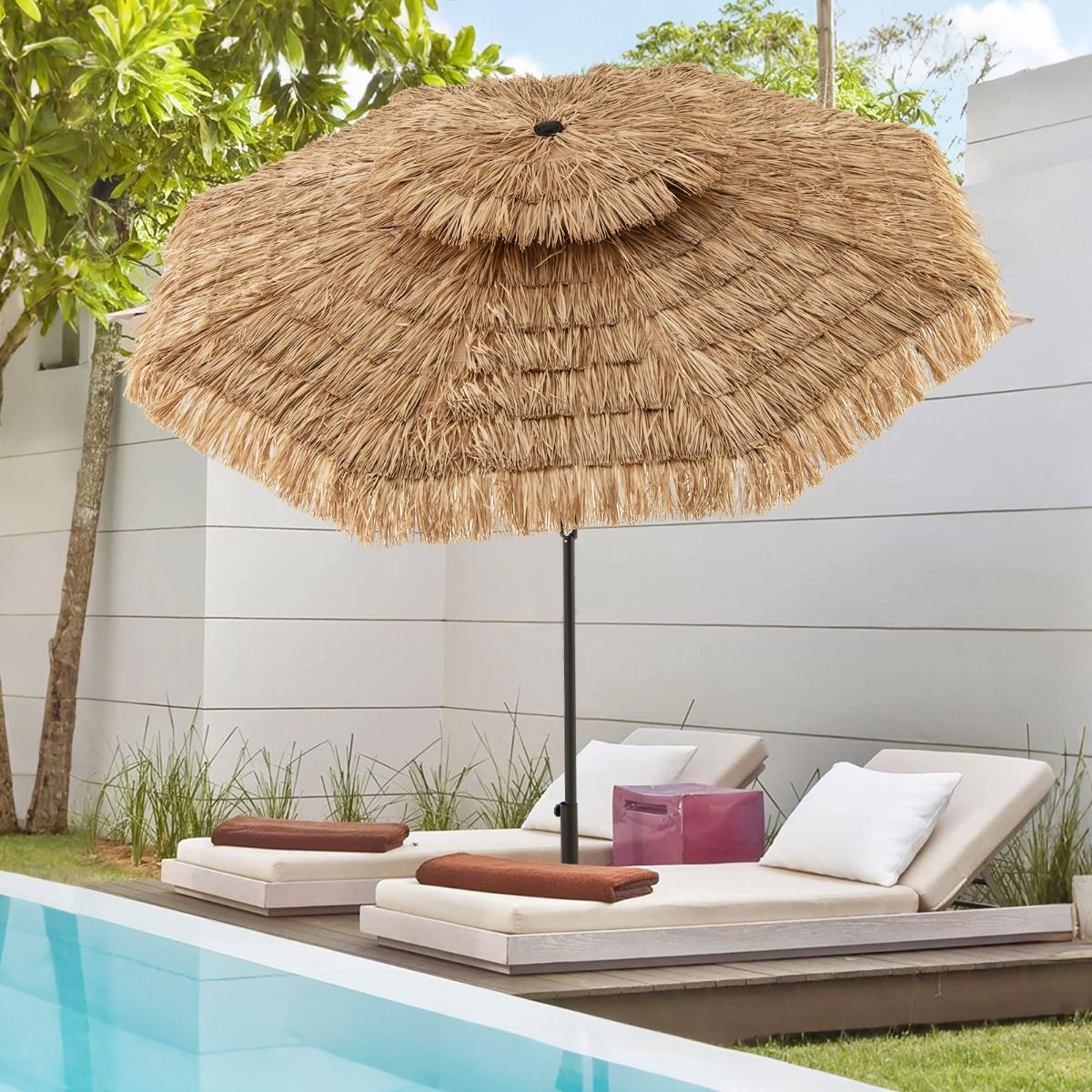 Coast Hawaiian Wicker Tiki Parasol 267x247 cm - Natürlicher Terrassen-Sonnenschirm mit Kurbel, Kippmechanismus & 8 stabilen Ballen