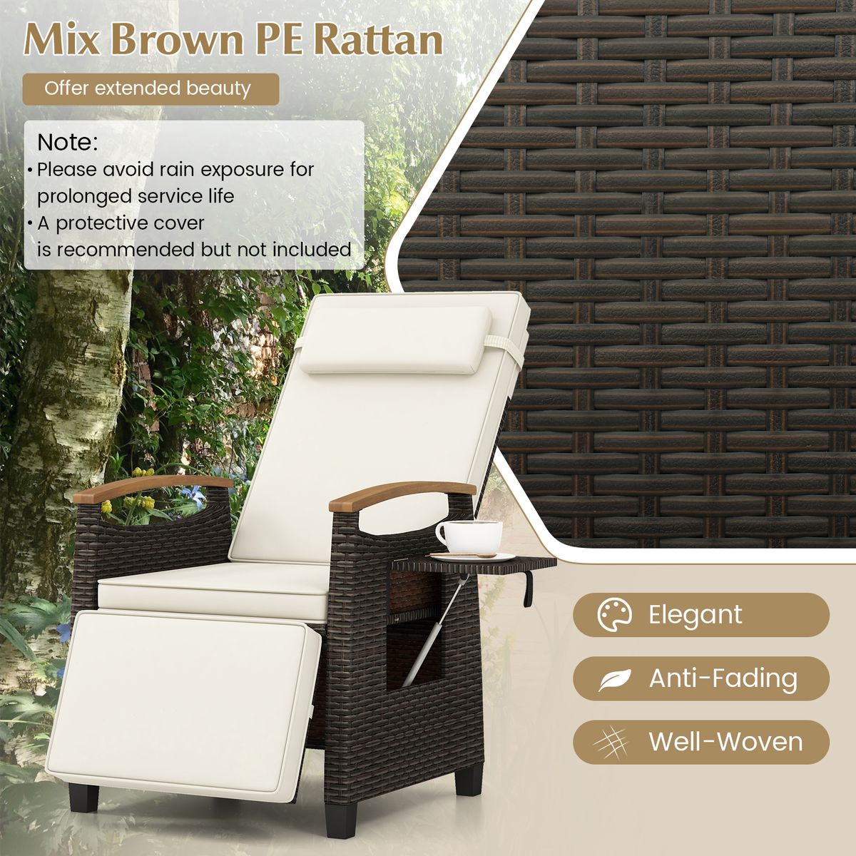Coast Relaxsessel aus Rattan – verstellbare Rückenlehne und Fußstütze – weiß – 1er-Set