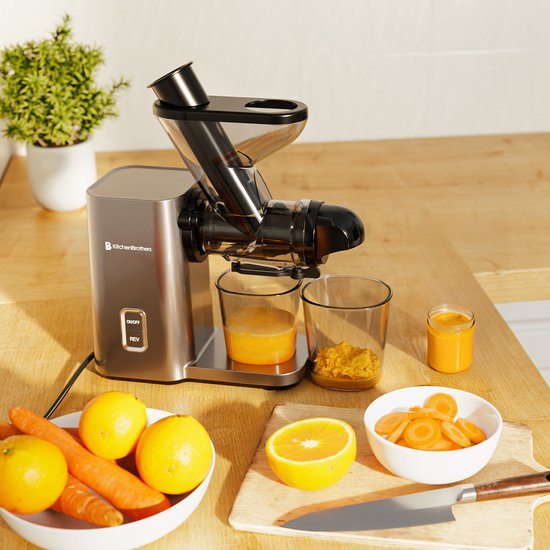 KitchenBrothers Slowjuicer - Mini-Entsafter - Gemüse- und Obstpresse - 40 mm und 50 mm Einfüllöffnung - 400 ml - Grau