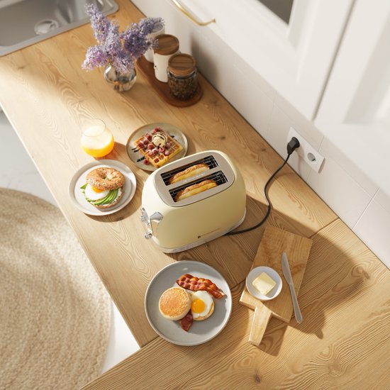 KitchenBrothers Retro-Toaster - Toaster - 6 Heizstufen - 2 extra breite Schlitze - 815W - Beige