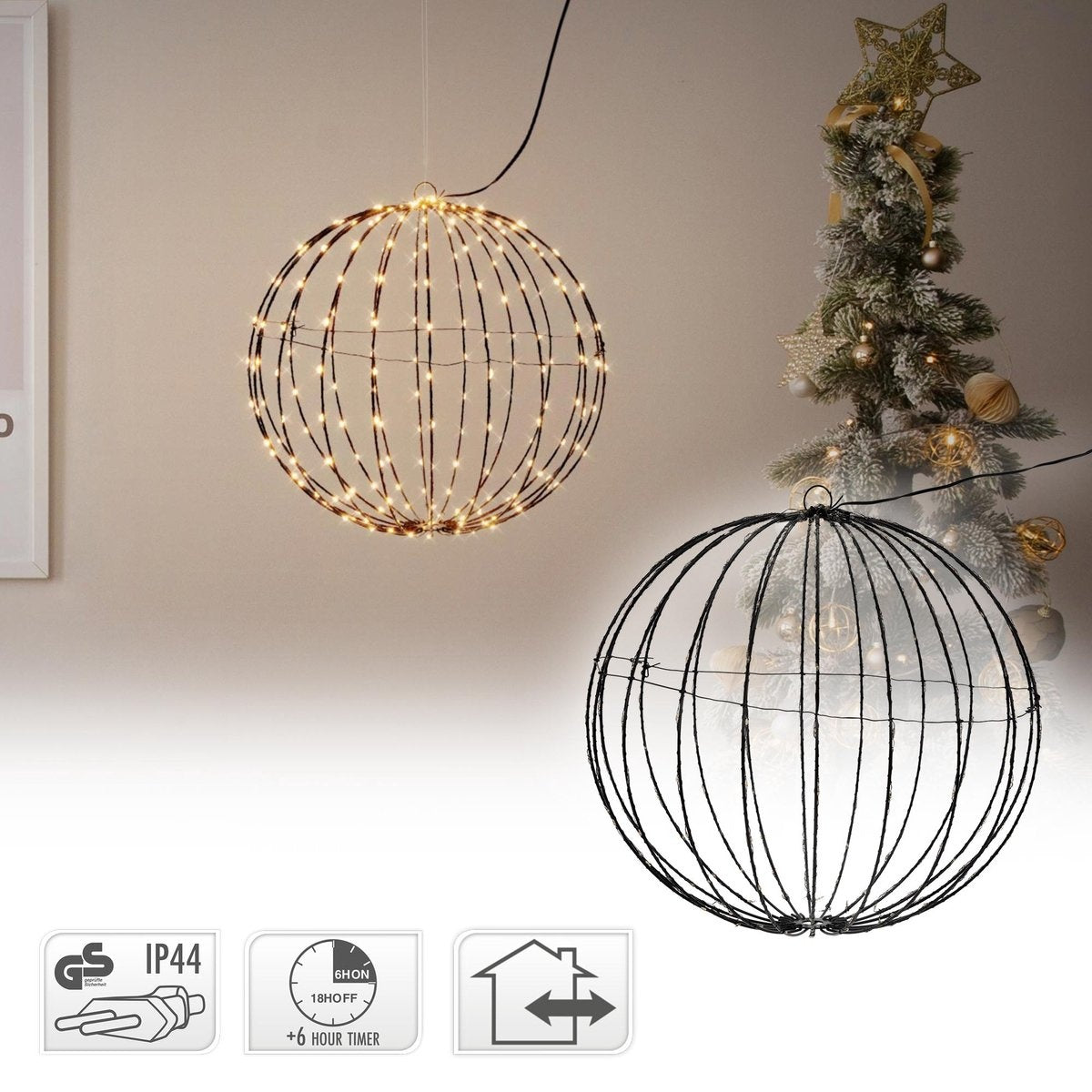 Weihnachtsbeleuchtung - Leuchtkugel - 50cm - Metall - mit Timer - Warmes Licht
