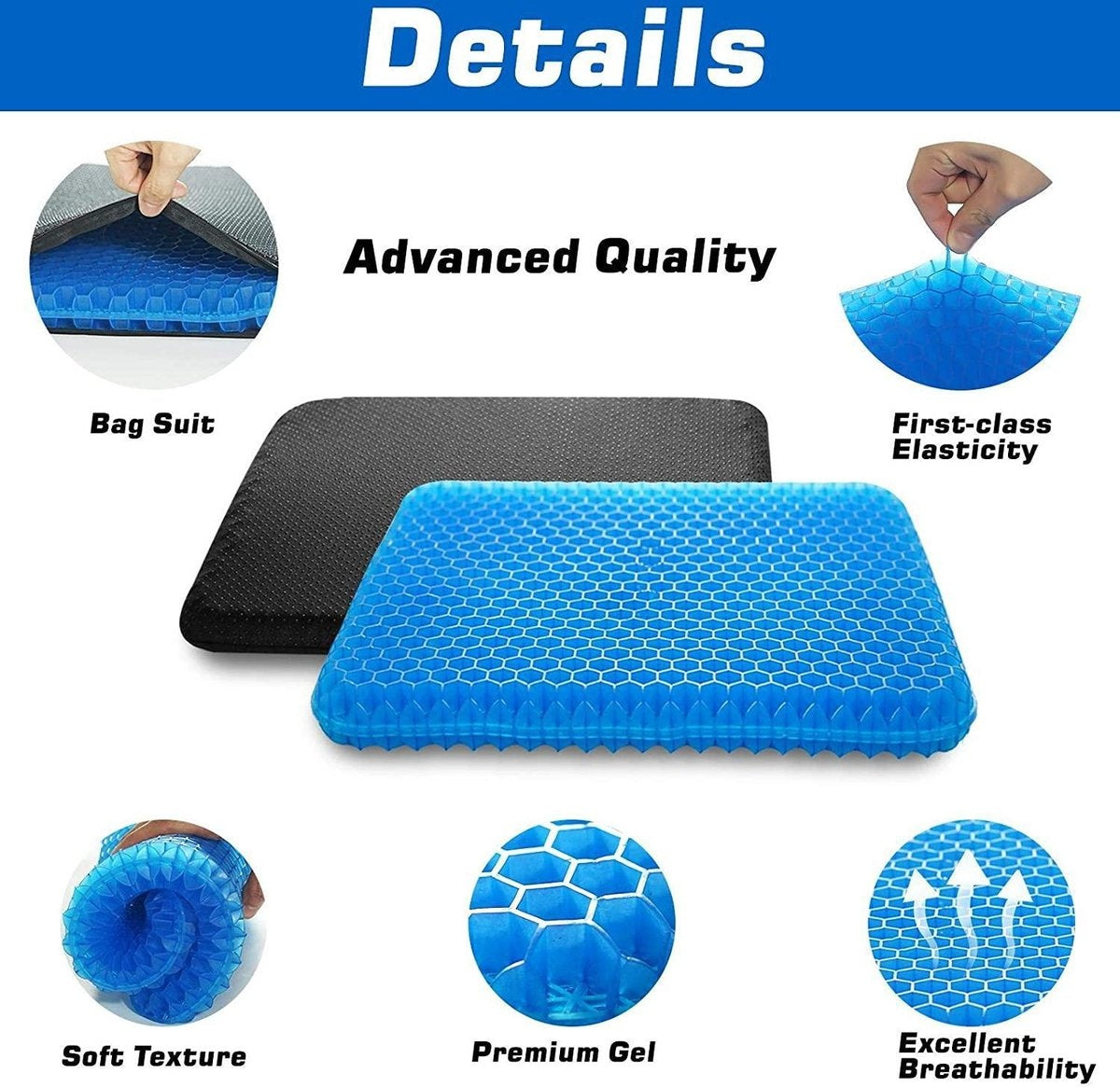 Fuegobird Gel Pillow - Ergonomisches Kissen - Sitzkissen orthopädisch - Doppelschichtige Wabenstruktur - Mit Kissenbezug - Blau