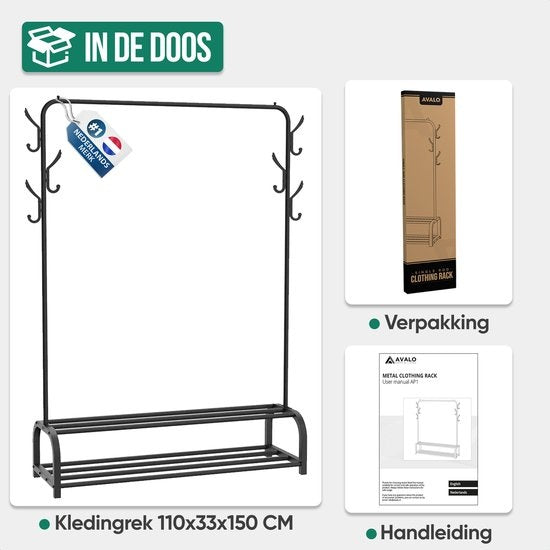 Avalo Industrial Clothes Rack - Metall - 110x33x150 CM - Schwarz - Lagerung für Schuhe - Garderobe Rack mit Haken