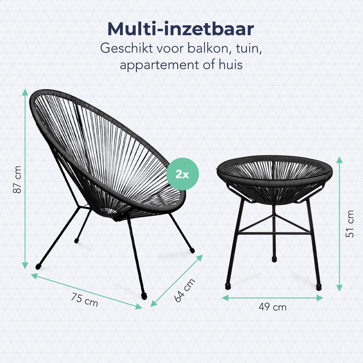 LifeGoods Acapulco Chair Bistro Set - Gartenstühle - Gartenset mit Beistelltisch - 3-teilig - Schwarz