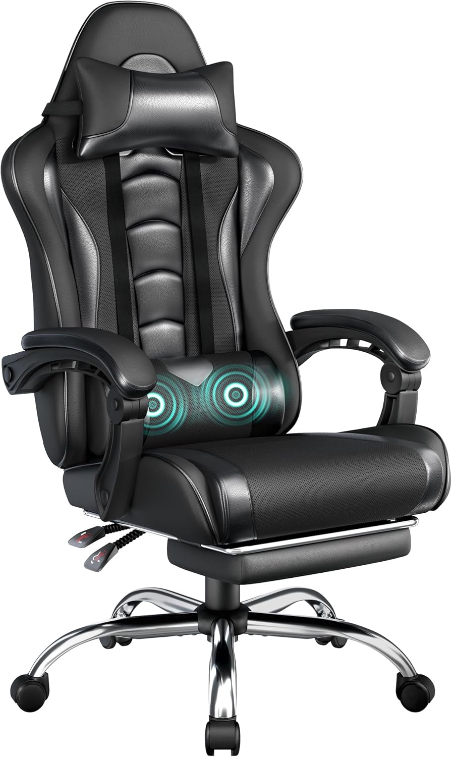 Yaheetech Gaming-Stuhl mit Massagefunktion und Fußstütze – schwarz