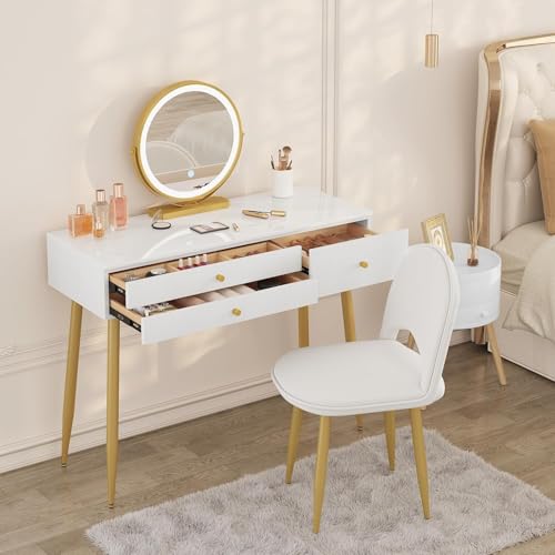 Woltu Schminktisch MB6105ws mit Hocker und LED-Spiegel - Schminktisch aus Holz mit verstellbarer Beleuchtung, 3 Schubladen, Samtsitz mit Rückenlehne - Weiß, Creme und Gold - 100x40 cm