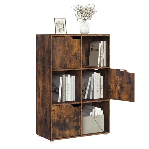 Woltu Bücherregal SK001vbn 6 Fächer mit Türen - Holzschrank Rustikales Braun - 59,7 x 29 x 91 cm