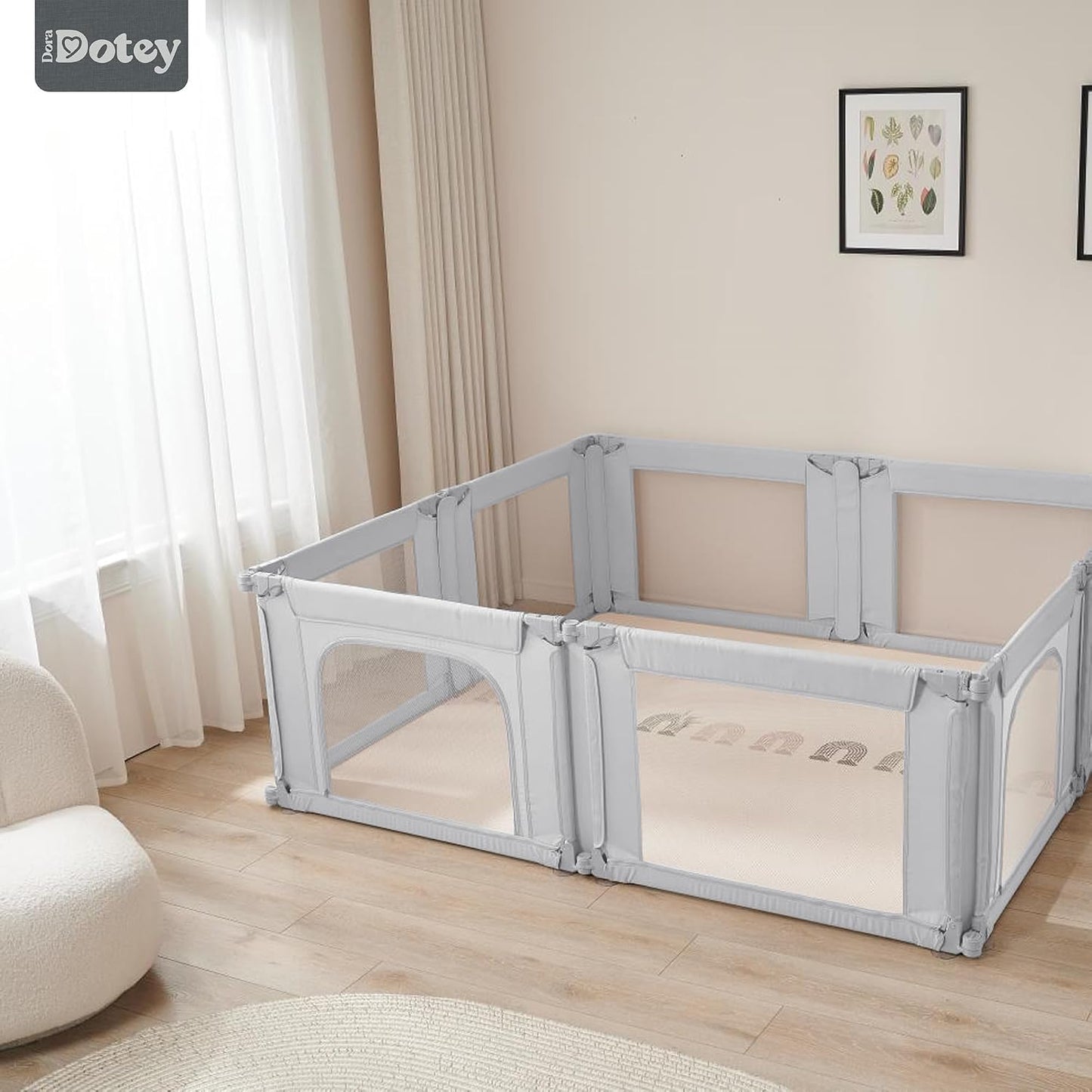 Dora Dotey Babybox Hellgrau – 8 Elemente – 200 x 180 x 69 cm – zusammenklappbar