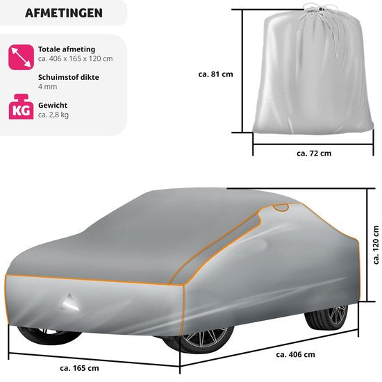 tectake Car Cover - Autoplane - Hagelschutz - Wasserdichte Decke - Atmungsaktiv - Elastische Autogarage - Autozubehör mit Aufbewahrungstasche - Kompatibel mit vielen Modellen - Größe (LxBxH) 406x165x120 cm - Small