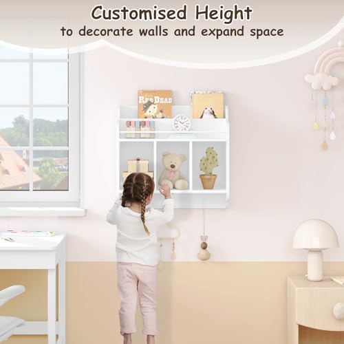 Woltu Kinder-Wandregal mit 3 offenen Fächern und 4 Haken Weiß 60x57x20 cm