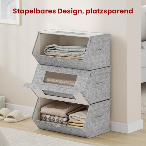 Woltu Stapelbare Aufbewahrungsboxen mit Deckel Grau und Beige 50x25x35 cm 3er Set