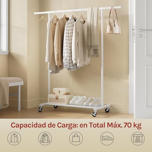 Woltu Kleiderständer mit Rädern und Ablagefläche Weiß - Verstellbar 92,5-132,5 cm - Maximale Tragfähigkeit 70 kg