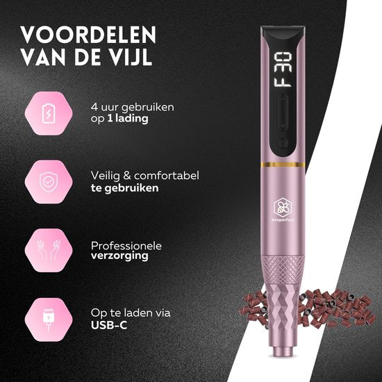 Beeperfect® Cordless Electric Nail File Pro Edition - Nagelfräse - Maniküre- und Pediküre-Set - wiederaufladbar - 11 Bits und 60 Schleifrollen - 30.000 U/min - Pink