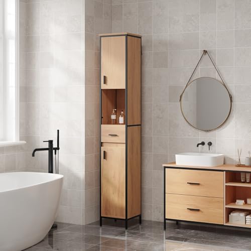 Eugad Narrow Tall Bathroom Cabinet mit Schublade und offenem Fach - Helle Eiche/Schwarz - 30 x 180 x 30 cm