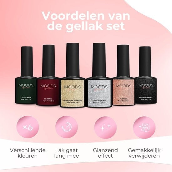Moods Gellac 6-teiliges Set - Gel-Nagellack - 15ML - Inklusive Nagelfeile und Bokkepoot - Silvester - Glitter Gellac - Nägel - Gellac Starter Pack - Glitter Farben