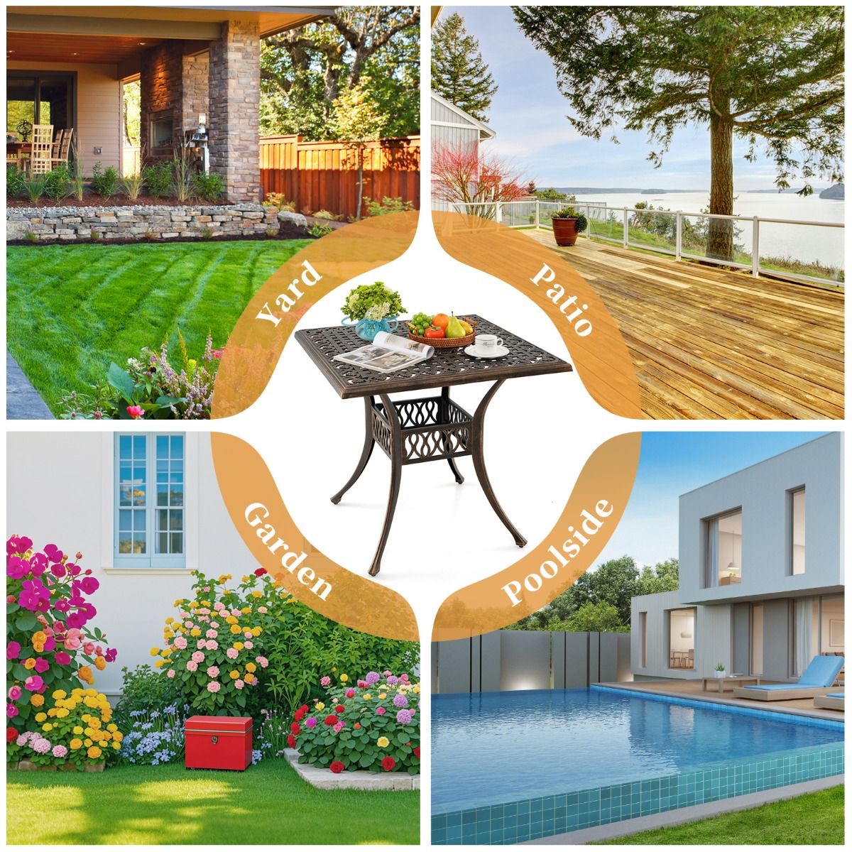 Coast quadratischer Terrassentisch – Aluminiumguss – Sonnenschirmloch 4,8 cm – Bronze – 80 x 80 x 75 cm