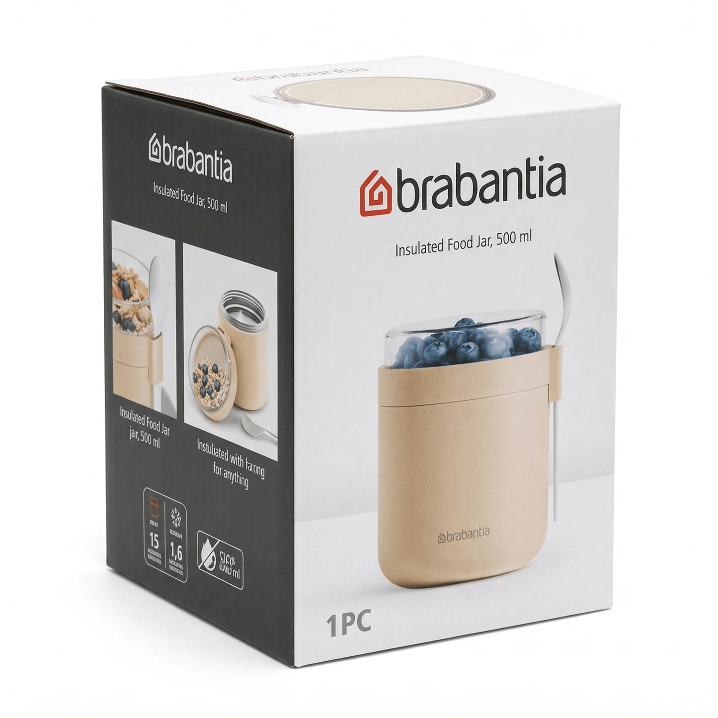Brabantia Lebensmittelbecher 500 ml inklusive Löffel, auslaufsicher, Soft Beige