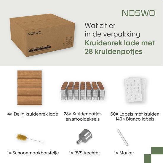 Noswo Gewürzregal Schublade mit 28 Gläsern - Komplettset - Quadratisch - Streudeckel und Etiketten - Gewürzorganisation - Küchenschubladen-Organisation - Akazie