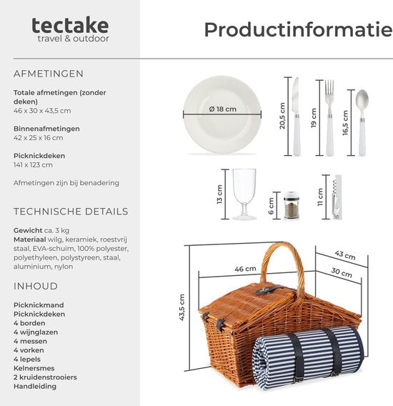 tectake - Komplettes Picknickkorb-Set Vlieland - Luxuriöses 23-teiliges Picknick-Set für 4 Personen - Weiden-Picknickkorb mit Picknick-Teppich - Inklusive Kühlbox, Set mit Tellern, Kunststoff-Weingläsern und Edelstahl-Besteck
