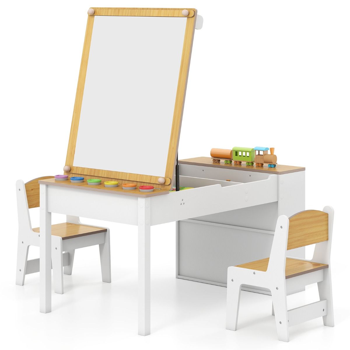 Coast Kinder-Mal- und Zeichenpult-Set – 2-in-1-Multifunktionsdesign – mit 2 Stühlen – weiß und naturfarben