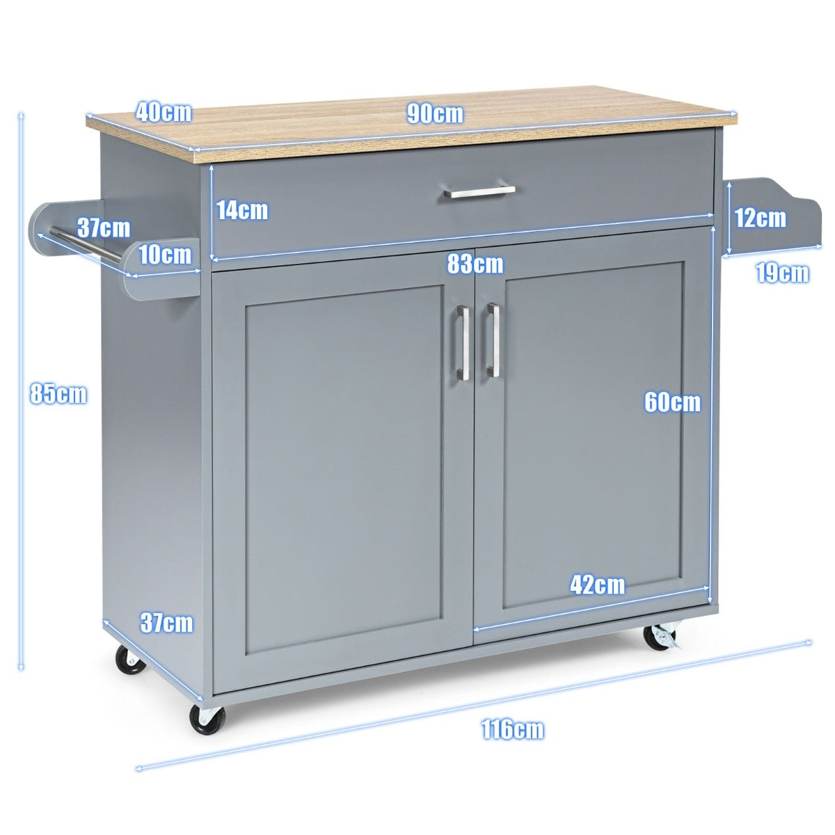 Coast Kücheninsel Auto rollender Lagerwagen großer Schrank 116 x 40 x 85 cm grau + natur