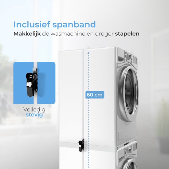 Skoov Abstandshalter für Waschmaschine & Trockner - Stapelset - Mit ausziehbarem Fachboden - Universal - Trockner - Möbel - inkl. Schwingungsdämpfer und Spannband