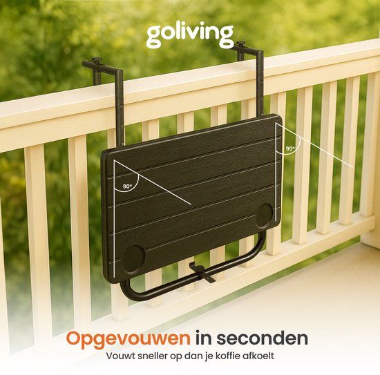 Goliving Balkontisch - klappbar - hängend - 60 x 40 cm - in 3 Höhen verstellbar - wetterfest - 2 Becherhalter - Schwarz