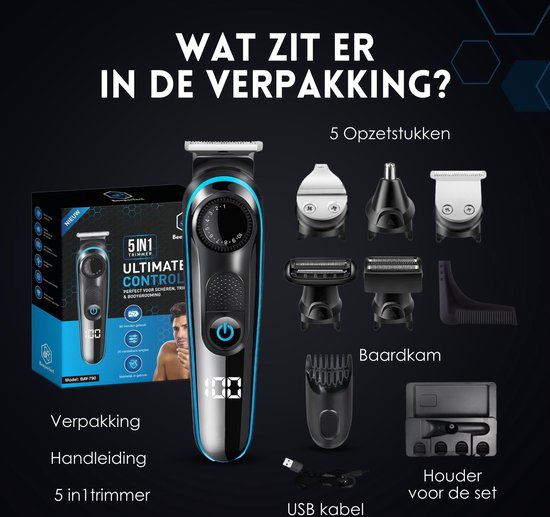 5-in-1-Barttrimmer für Männer - 5 austauschbare Aufsätze - Bart- und Körperschneider - Body Groomer - Nasen- und Ohrentrimmer