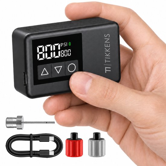 Tikkens® AirGo Elektrische Fahrradpumpe XS – Mini-Luftkompressor – 118 Gramm – Tragbar – Digitalanzeige – Rennrad – Gravelbike – Sportfahrrad – Citybike – Mountainbike – Roller – Fatbike – Über USB-C aufladbar – Presta/Schrader/Dunlop